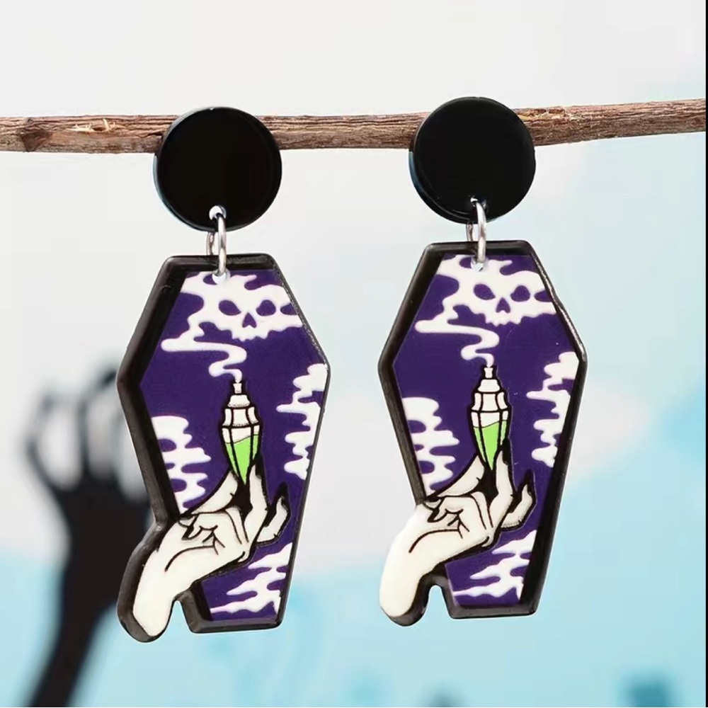 New handmade gothic psychobilly coffin,potion in hand earrings